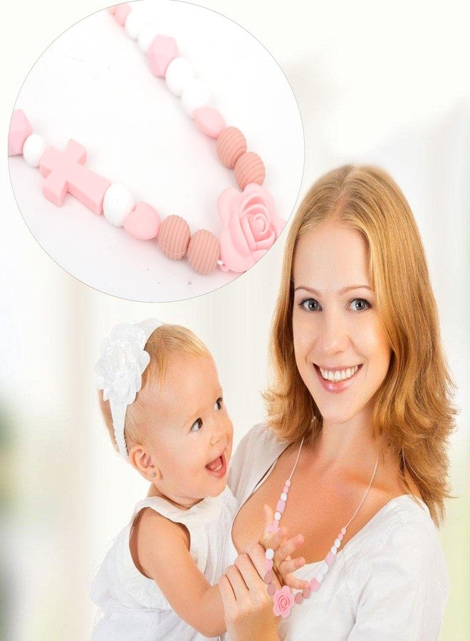 Jissoo Pink Rose Cross Silicone Nursing Necklace - Breastfeeding Supplies, Baptism Party Decorations, Newborn Sensory Necklaces - Image 5